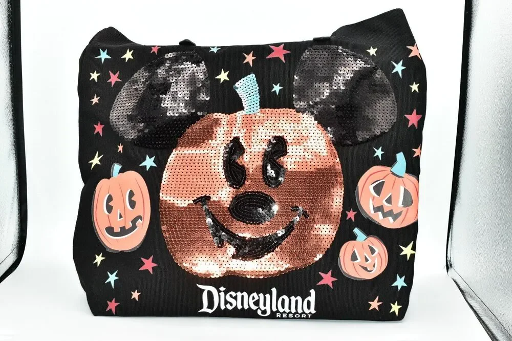 Disneyland Resort Halloween Sequin Pumpkin Mickey Mouse Open Top Tote Bag Black